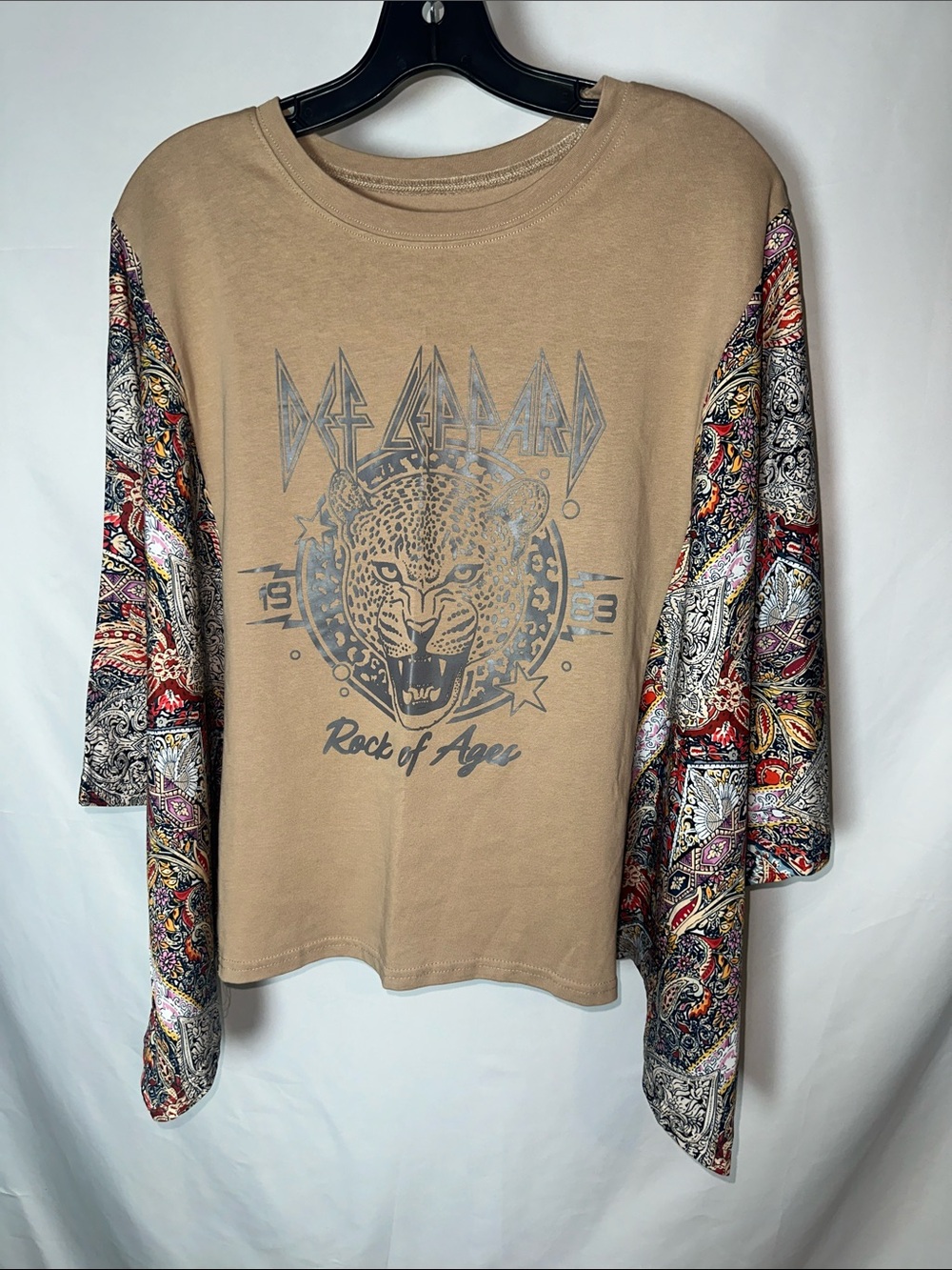 Tan Def Leppard Graphic Pullover with Paisley Contrast Sleeves